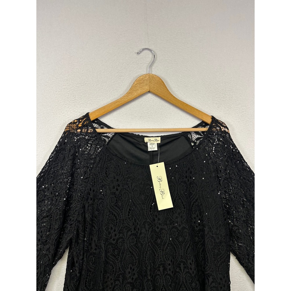 Evening Party Brittany Black Womens 3X Black Sequin Lace 3/4 Sleeve Tunic Blouse - Picture 7 of 9